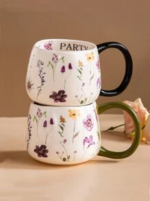 1 pieza Taza de cerámica de gran capacidad, estilo Ins, con diseño de asa cómoda, estilo pastoril simple para café, leche, postre, con patrón floral, fácil de limpiar, reutilizable, regreso a la escuela único - Multicolor - Ver 10
