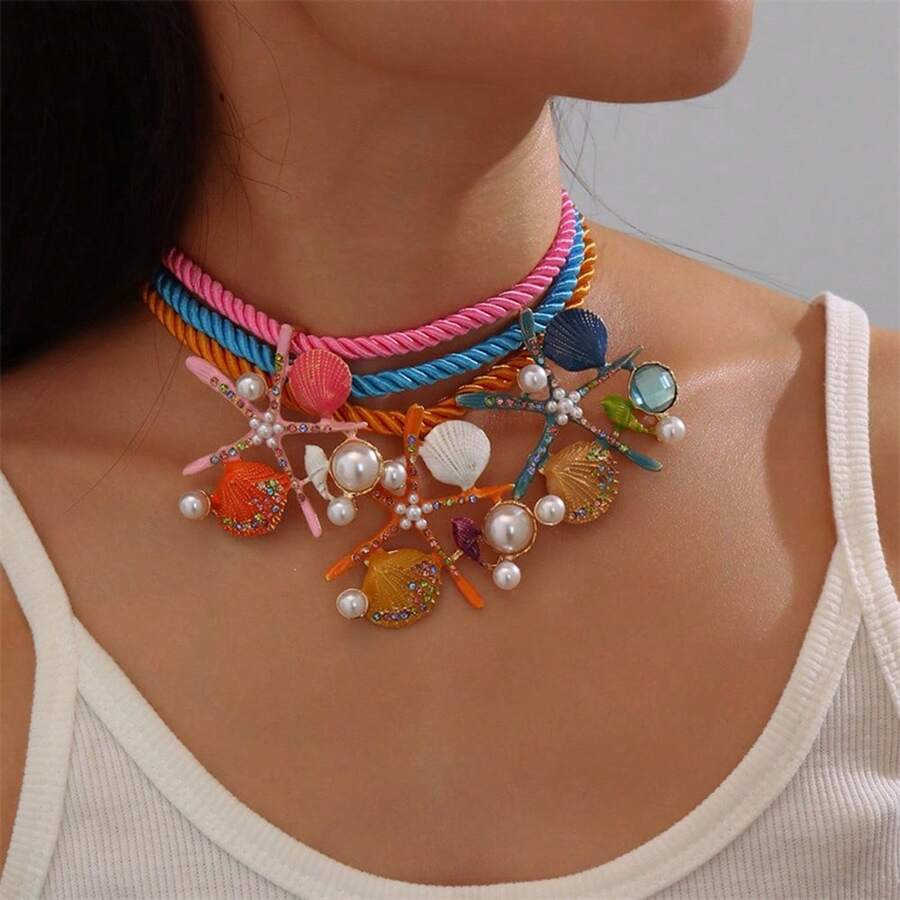 1 chiếc vòng cổ mặt hình sao biển, vỏ sò và ngọc trai nhiều màu sắc thiết kế độc đáo, phù hợp với trang phục thường ngày, đi nghỉ và mặc hàng ngày của phụ nữ, mùa thu/đông - phong cách 1 - Xem 1