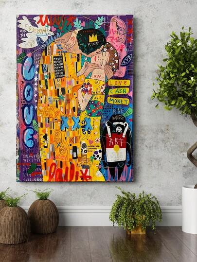 1PC Art Gustav Klimt Kiss Graffiti Canvas Wall Painting, plakat Street Art, nowoczesne wydruki ścienne Pop Art Decor, dekoracja ścienna do sypialni w salonie, dekoracja ścienna do domu, bezramkowa, opcjonalna rama