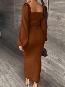 时尚优雅灯笼袖高开叉连衣裙，女士长裙 - 棕色 - 查看 2