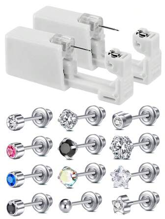 1 ST/4 STUKS Oorpiercingset Wegwerp Oorpiercingset Ingebouwde Cz-oorbellen Met Achterkanten Pijnloos Oorpiercingpistool Met Oorgat Reinigingstool Remaker Pen
