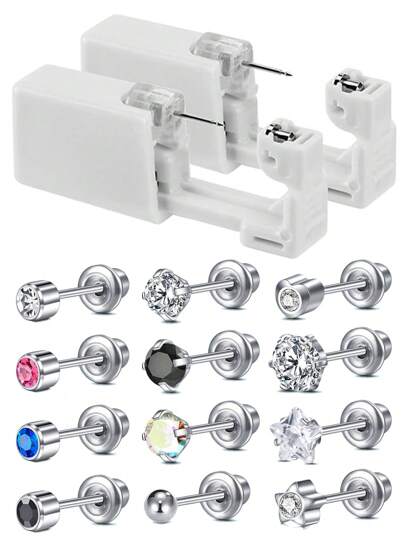 Zestaw do przekłuwania uszu 1 szt./4 szt. Jednorazowy zestaw do przekłuwania uszu Kolczyki z cyrkoniami z tyłu Bezbolesny pistolet do przekłuwania uszu z narzędziem do czyszczenia otworów w uszach Długopis do przekłuwania uszu