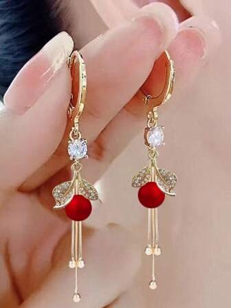 1Pair Luxurious Red New Style Long Tassel Pearl Leaf Dangle Earrings, Elegant Jewelry Accessories