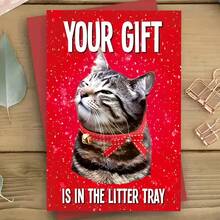 带信封的圣诞猫咪贺卡 - 适合任何人的有趣动物主题卡片，“您的礼物在猫砂盘里” - 身着节日服装的卡通猫咪，英语，非常适合圣诞节场合 - 1 包 - 彩色 - 查看 7