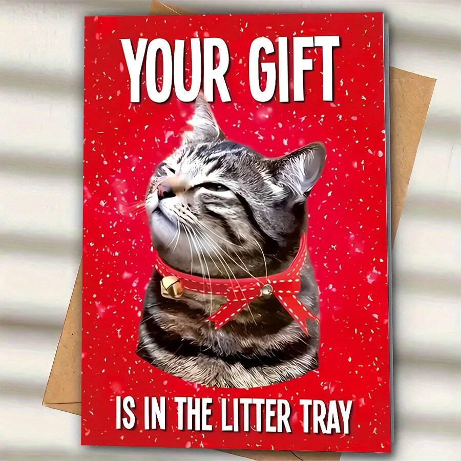 带信封的圣诞猫咪贺卡 - 适合任何人的有趣动物主题卡片，“您的礼物在猫砂盘里” - 身着节日服装的卡通猫咪，英语，非常适合圣诞节场合 - 1 包 - 彩色 - 查看 1
