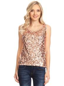 Womens Sequin Metallic Sparkly Cocktail Party Sleeveless Tank Top - 玫瑰紅 - 查看 1