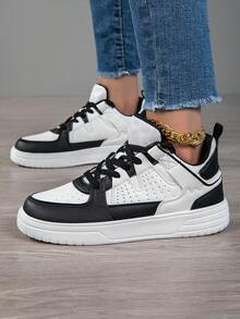 Giày vải cao cổ buộc dây mũi tròn màu đen và trắng mới, giày thể thao nhẹ thoải mái cho nữ, giày trượt ván, giày thường ngày, đi phố, mùa xuân/thu - Đen và trắng - Xem 3