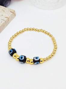 1 件女式玻璃邪眼串珠手链，金色珠子弹性可调节链条适合搭配各种服装 - 彩色 - 查看 8