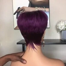 Women's Pixie Short Wig, Human Hair, Purple/Pink, Short Style, Easy To Wear, No Lace Front, Full Machine Weft, No Glue Needed, Suitable For Daily Wear And Halloween Costume - Purple - View 6