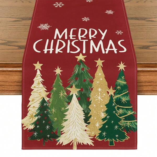 1 pieza Camino de mesa con diseño de árbol de Navidad, copos de nieve y Feliz Navidad en rojo, decoración de invierno y festiva para la mesa de la cocina y comedor en el hogar y fiestas