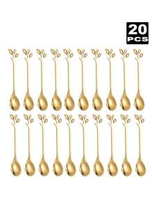 2/6/12/20 piezas Cucharas con forma de hoja de acero inoxidable para café/té/postre, útiles escolares - Dorado - Ver 14