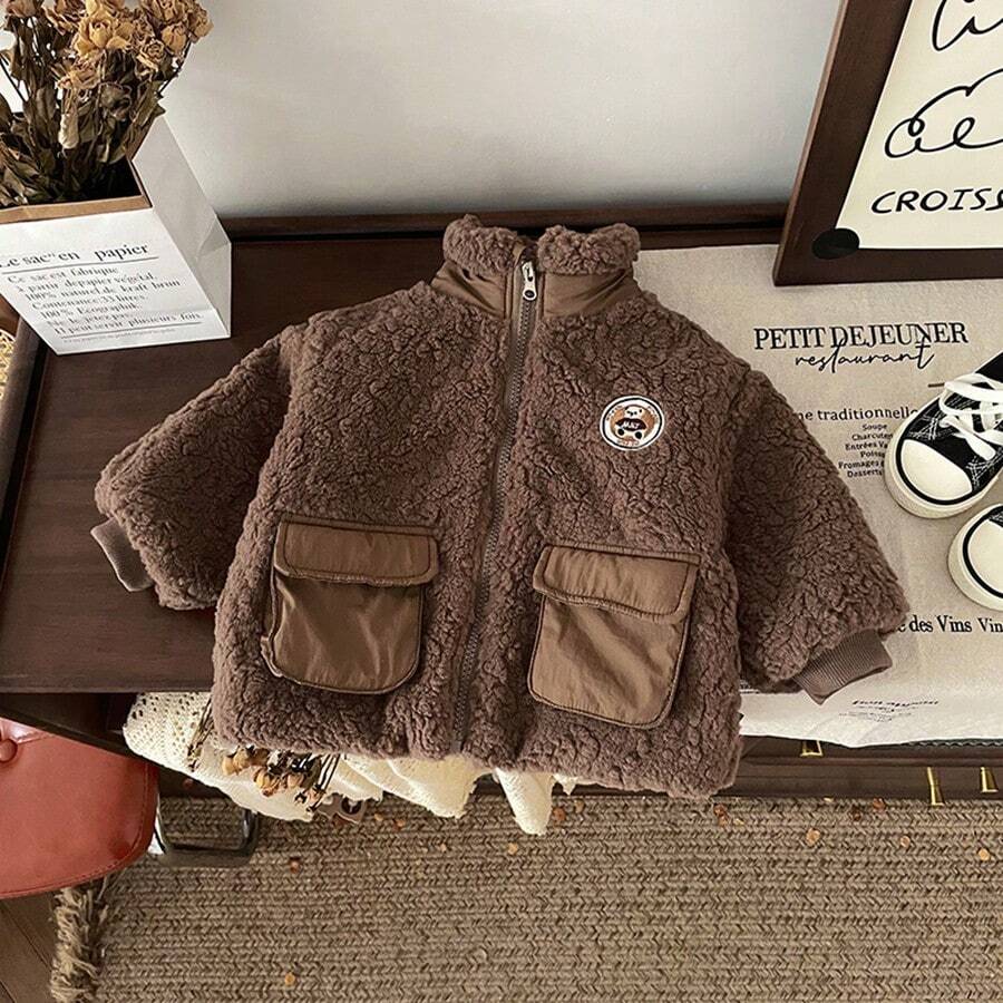Áo khoác nhung ấm áp giản dị cho bé trai dễ thương có túi trang trí - Cà phê nâu - Xem 1