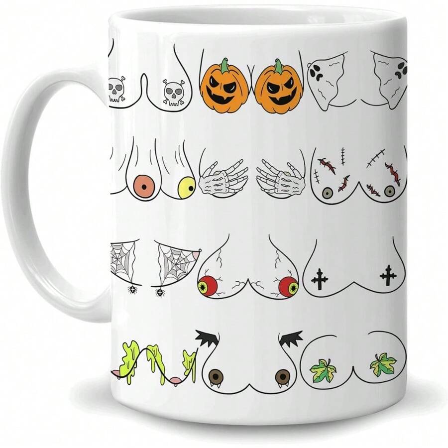 Halloween Gifts For Men Women - Spooky Ghost Boobs Boobies Breasts Variety Pumpkin Ghost Halloween 11oz White Ceramic Coffee Tea Mug - Halloween - View 1