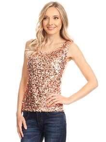 Womens Sequin Metallic Sparkly Cocktail Party Sleeveless Tank Top - 玫瑰紅 - 查看 2