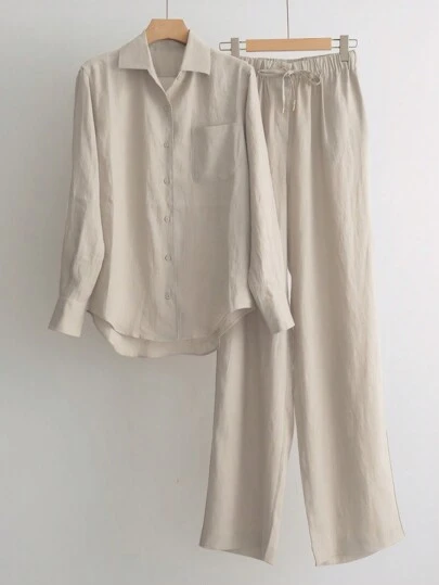 Camisa de hombros caídos y pantalones sueltos, la primavera de las mujeres y la moda de otoño simple conjunto de dos piezas, solapa botón corbata camisa de manga larga, bolsillos dobles cordón pantalones casuales, la oficina de negocios conjunto de camisa formal.