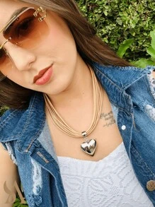 SHORT NECKLACE 10 BEIGE STRANDS WITH NICKEL HEART PENDANT - Bạc - Xem 2