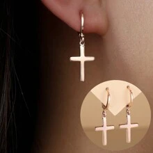 1pair European & American Minimalist Style Copper Cross Design Ladies Earrings, Versatile For Commuting