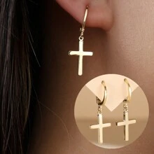 1pair European & American Minimalist Style Copper Cross Design Ladies Earrings, Versatile For Commuting