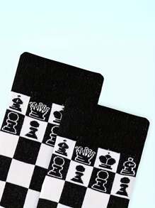 1/2 Pairs Of Chess Printed Mid-Tube Socks Comfortable Breathable Checkerboard Socks Fun Socks With Personalized, Fall - Multicolor - View 4