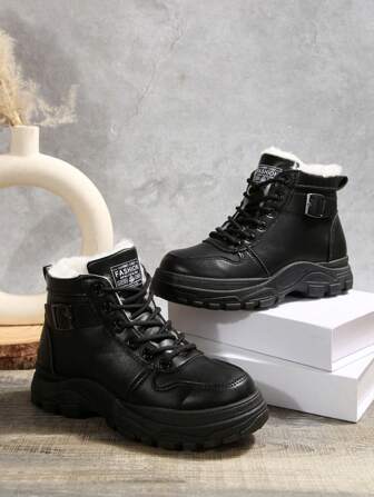 Schnürbare Stiefel mit dicker Sohle, Leder mit Thermofutter, Winterstiefel