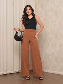 Women's Tailored Trousers With Striped Belt - 棕色 - 查看 1