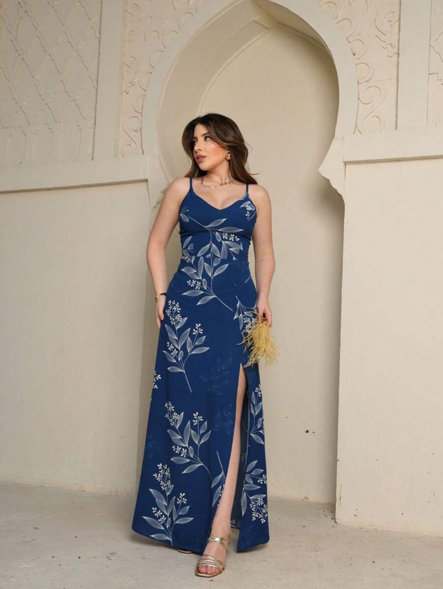 Elegant Printed Long Dress - 霧霾藍 - 查看 1
