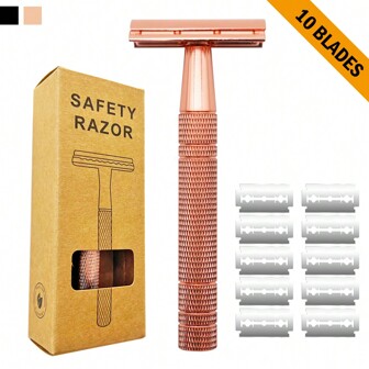 Rasoir à double tranchant zéro déchet en or rose avec 10 lames, unisexe et réutilisable pour la maison et les voyages. Des lames et un emballage aléatoires seront expédiés.