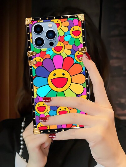 1pc Colorful Smiling Flower Graphic Rectangle Branded Anti-Fall Phone Case, Compatible With Iphone/Galaxy/POCO