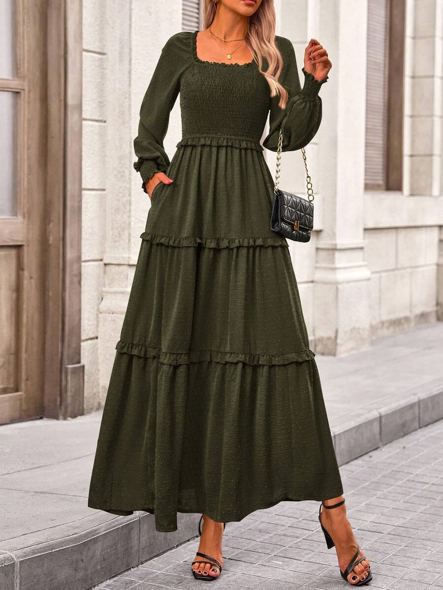 Women's Long-Sleeved Floor-Length Dress Casual Square Collar Layered Pleats Flowy Pocket Wedding Guest Dress - 軍綠色 - 查看 1