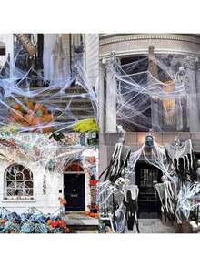 Halloween Decoración Telaraña, Tela de araña de 1200 pies cuadrados para de Halloween y 100pcs Arañas PláSticas Para Adornar Halloween Telarañas para Yard Home Casa Encantada Interior y Exterior - 250 Gramos + 100 Pcs - Ver 6