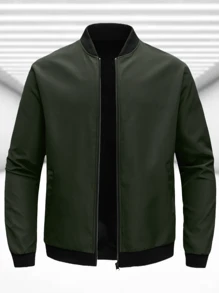 Outdoor Sports Casual Stand Collar Baseball Jacket, Plain Color Zipper Coat, Suitable For Father's Day