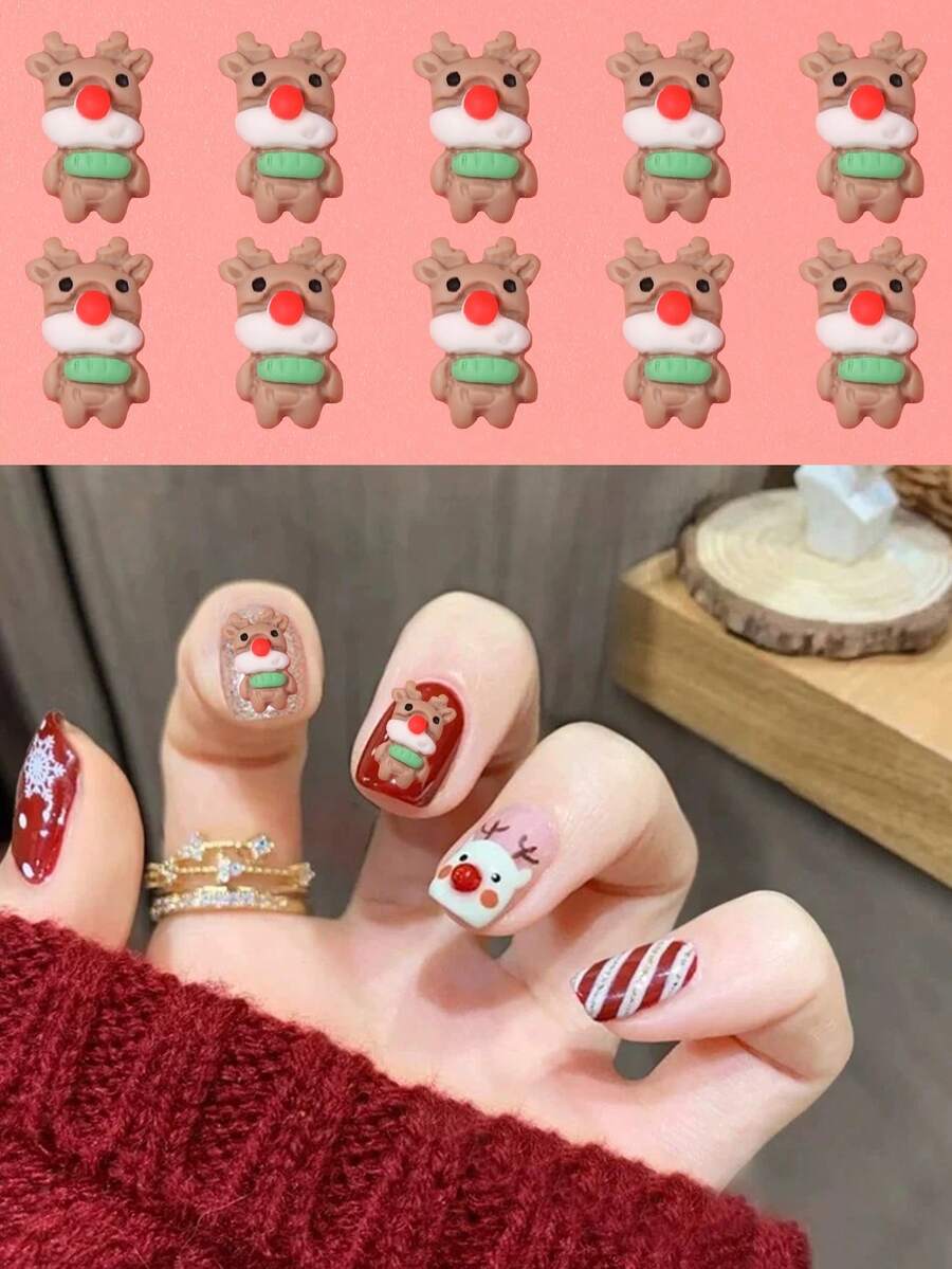 10 件树脂圣诞鹿饰品，魅力立体指甲吊坠，小装饰合金件适合美甲，DIY 指甲树脂艺术饰品 - 彩色 - 查看 1