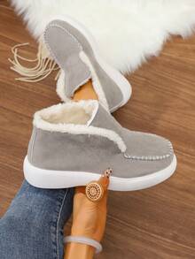 女式圆头毛领雪地靴，卷边针织设计，舒适保暖，适合日常穿着，户外雪地，办公室，校园，灰色雪地靴，新款秋冬款式 - 淺灰色 - 查看 8