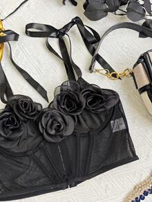 1 件黑色带骨花卉网眼透明紧身胸衣吊带背心 - 黑色 - 查看 6