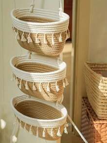 1 giỏ treo macrame 3 tầng, giỏ đựng đồ trang trí có tua rua, đồ sắp xếp lối vào gắn tường, phụ kiện trang trí phòng ngủ - Nhiều màu - Xem 2