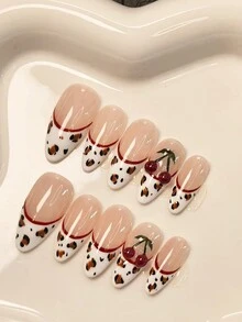 Bộ 10 miếng dán móng tay thủ công hình quả hạnh nhân dài vừa phải theo phong cách họa tiết da báo mùa thu đông của Pháp, có thể tháo rời, bộ dụng cụ làm móng tay phủ toàn bộ hình quả anh đào chạm khắc thủ công ba chiều, thích hợp cho phụ nữ và trẻ em gái sử dụng hàng ngày và ngày lễ, bao gồm một dũa móng tay và 24 miếng băng dính hai mặt - Nhiều màu - Xem 1