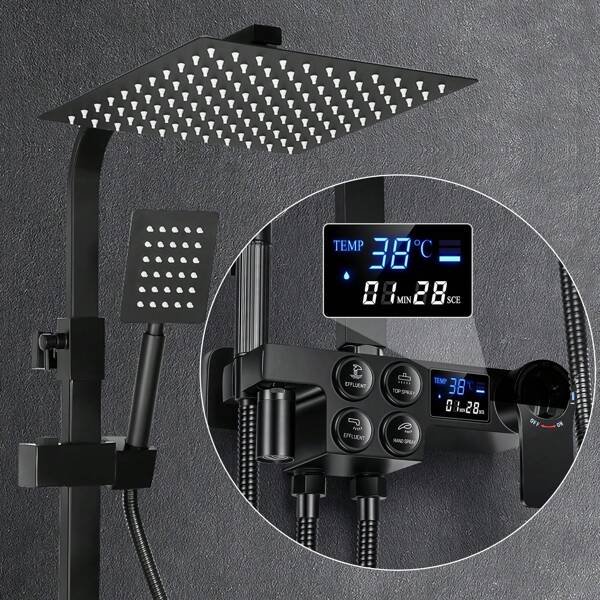 OYAJIA Schwarz Thermostat Duscharmatur Duschset Regendusche Duschsystem Kopfbrause Duschsystem mit Thermostat, Regendusche, Duschset mit Messing Duscharmatur, Edelstahl Duschkopf 25*25 cm, Handbrause, Duschschlauch 1,5m, Halterung, Duschstange Höhenverstellbar, Eckig