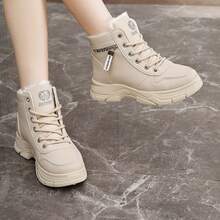 2025新款雪地靴保暖内衬纯色中帮休闲增高保暖冬鞋防滑时尚 - 卡其色 - 查看 5