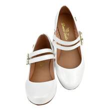 Round Toe Pumps, Doll Style, Two Straps, Comfort Heel - trắng - Xem 2