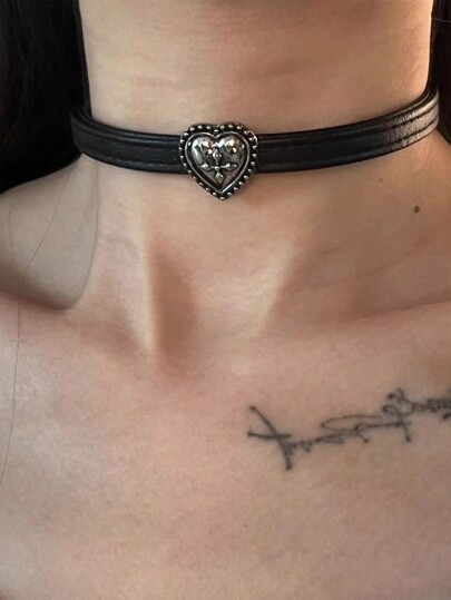 1pc Titanium Steel Non-Fading Double-Layer Silver Rose Flower Choker, Leather Collar Neck Ring With Premium Look For Women Valentines