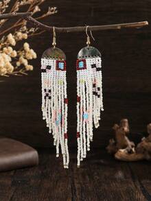欧美民族风贝壳多面复古波西米亚风手工长流苏耳环 - 藍色 - 查看 5