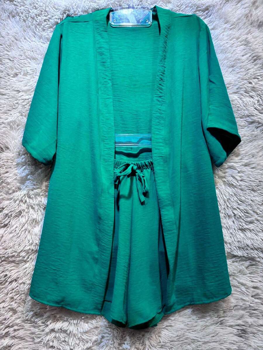2-Piece Plain Set (Kimono+Shorts) J-2 - Green - View 1