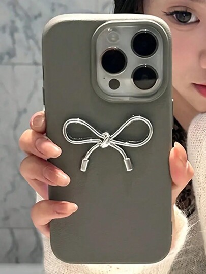 1pc 3D Bow PU Leather Phone Case, Compatible With IPhone 17/17 Air/17 Pro/17 Pro Max/16/16 Pro/16 Plus/16 Pro Max 16 15 14 13 12 Pro Max Plus 11, Minimalist Gray Litchi Texture Soft Shell For Girls