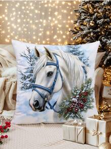 1 件圣诞常青树叶、圣诞树、白马图案靠垫套、现代布艺毛绒印花抱枕套，适用于沙发客厅圣诞家居装饰，无填充物 - 彩色 - 查看 6