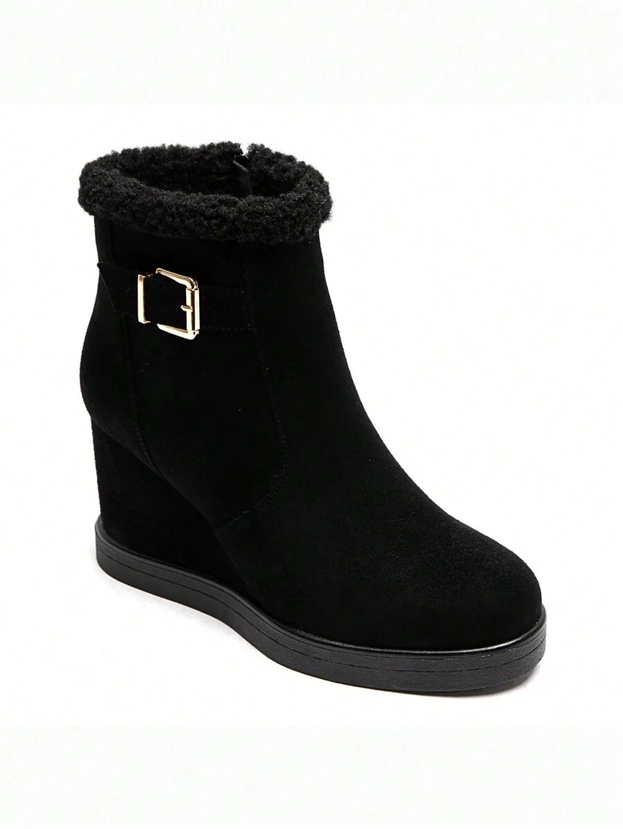 Warm-Lined Black Ankle Boots With Gold Buckle And Wedge Heel, Elegant Winter Look - Black - View 1