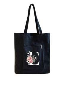 黑色帆布手提袋，印有A-Z字母和花卉图案，女士休闲帆布手提包，适合度假、海滩和日常生活，是送给女性、妈妈、老师、朋友、伴娘、学生和返校季的绝佳礼物。 - 黑色 - 查看 13