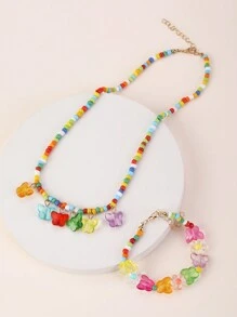 2 件套可爱女孩彩色珠子和蝴蝶吊坠项链和手链套装 - 彩色 - 查看 2