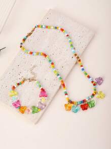 2 件套可爱女孩彩色珠子和蝴蝶吊坠项链和手链套装 - 彩色 - 查看 1