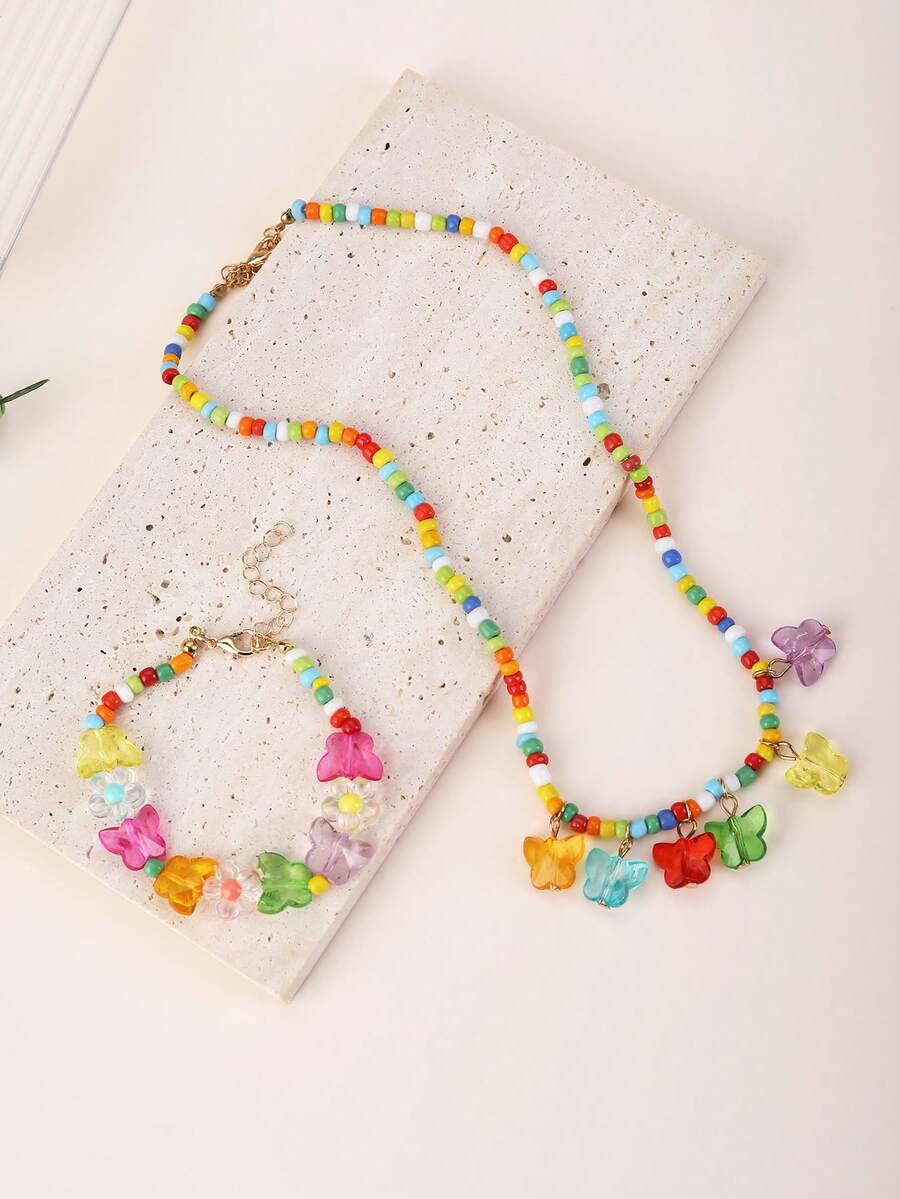 2 件套可爱女孩彩色珠子和蝴蝶吊坠项链和手链套装 - 彩色 - 查看 1