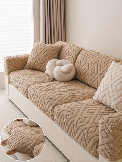 1pc Winter Thickened Plush Jacquard Non-Slip Sofa Seat Cushion Cover, Minimalist Modern Soft & Comfortable Pet-Proof Elastic Sofa Slipcover, Suitable For L-Shape Combination Sofa And 1/2/3/4-Seat Sofa (One Piece)